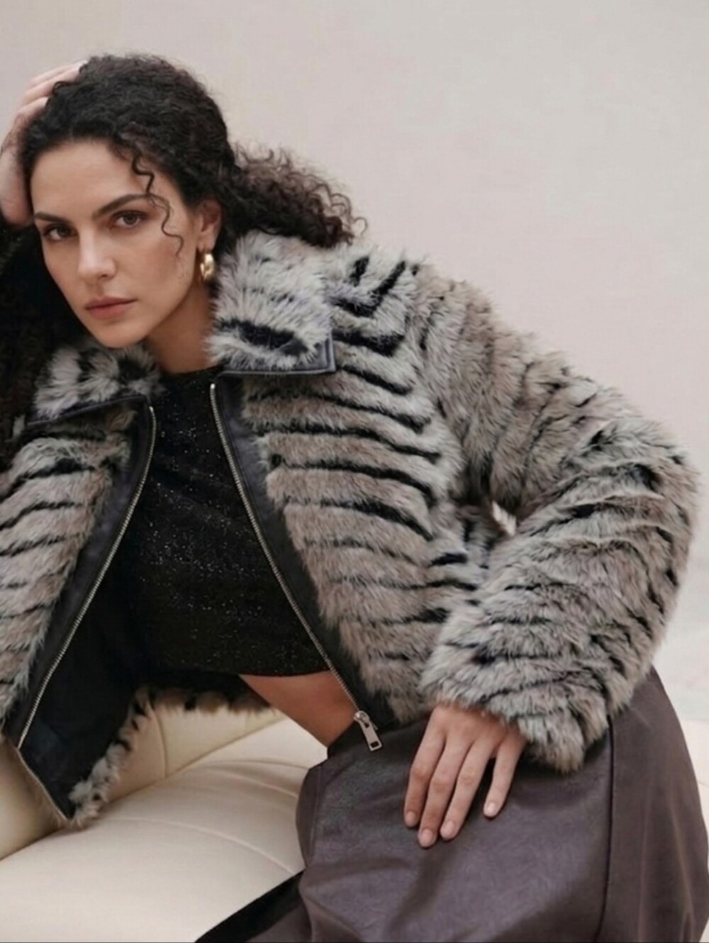 Faux Fur Striped Crop Jacket in Gray